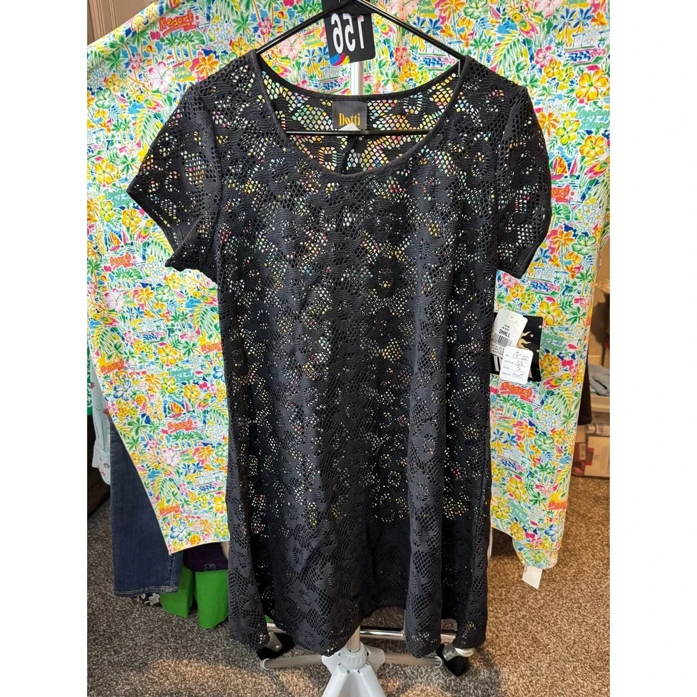 156 Dotti Black Crochet Lace‎ Swim Cover Up Dress Short Sleeve Floral Knit S NWT